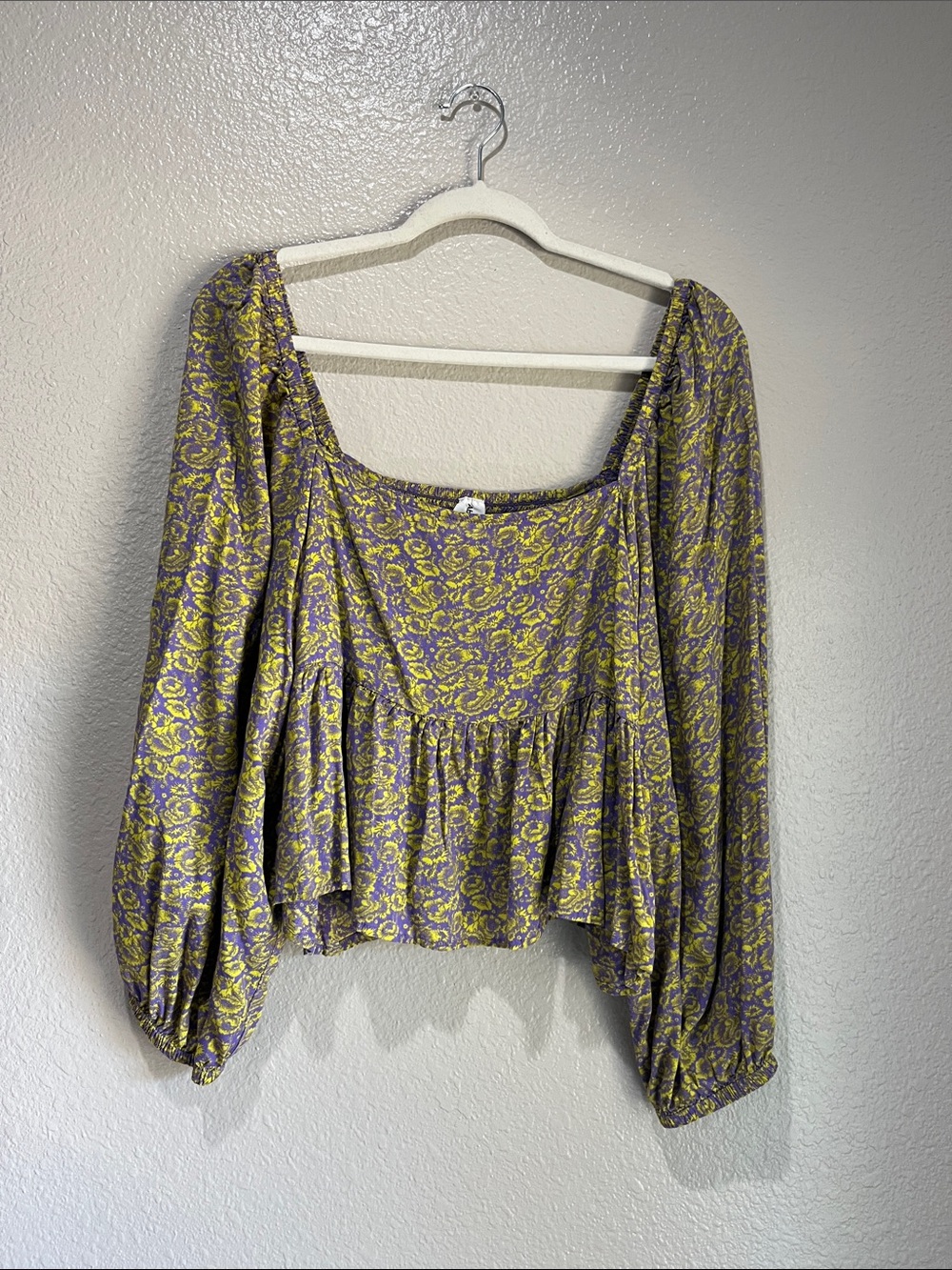 Abound Purple Yellow Floral Peasant Top Sz 1X Boho Cottage Core Chic Ruffle